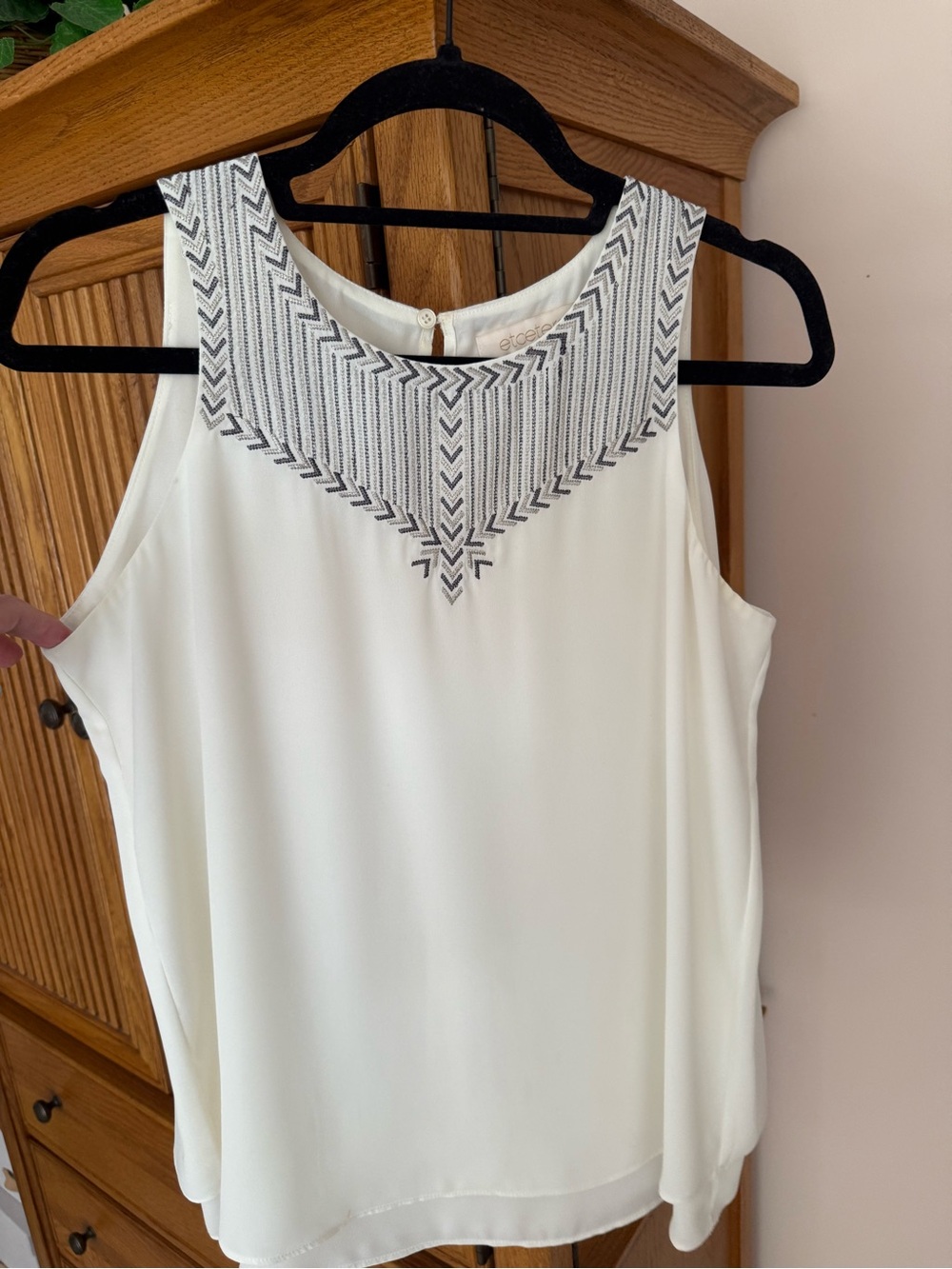 Etcetera Cream Sleeveless Top with Silver/Metallic Gray Embroidered Yoke